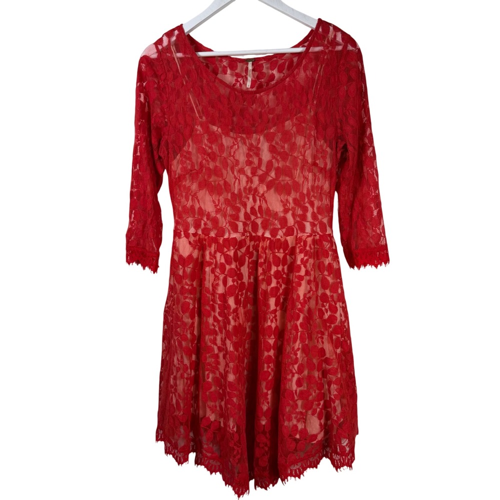 Free People Red Floral Lace Fit and Flare Dress 3/4 Sleeve Size 10